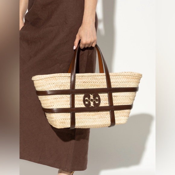 Tory Burch Handbags - Tory Burch Brown and Tan Small Ella Straw Basket Tote Bag
